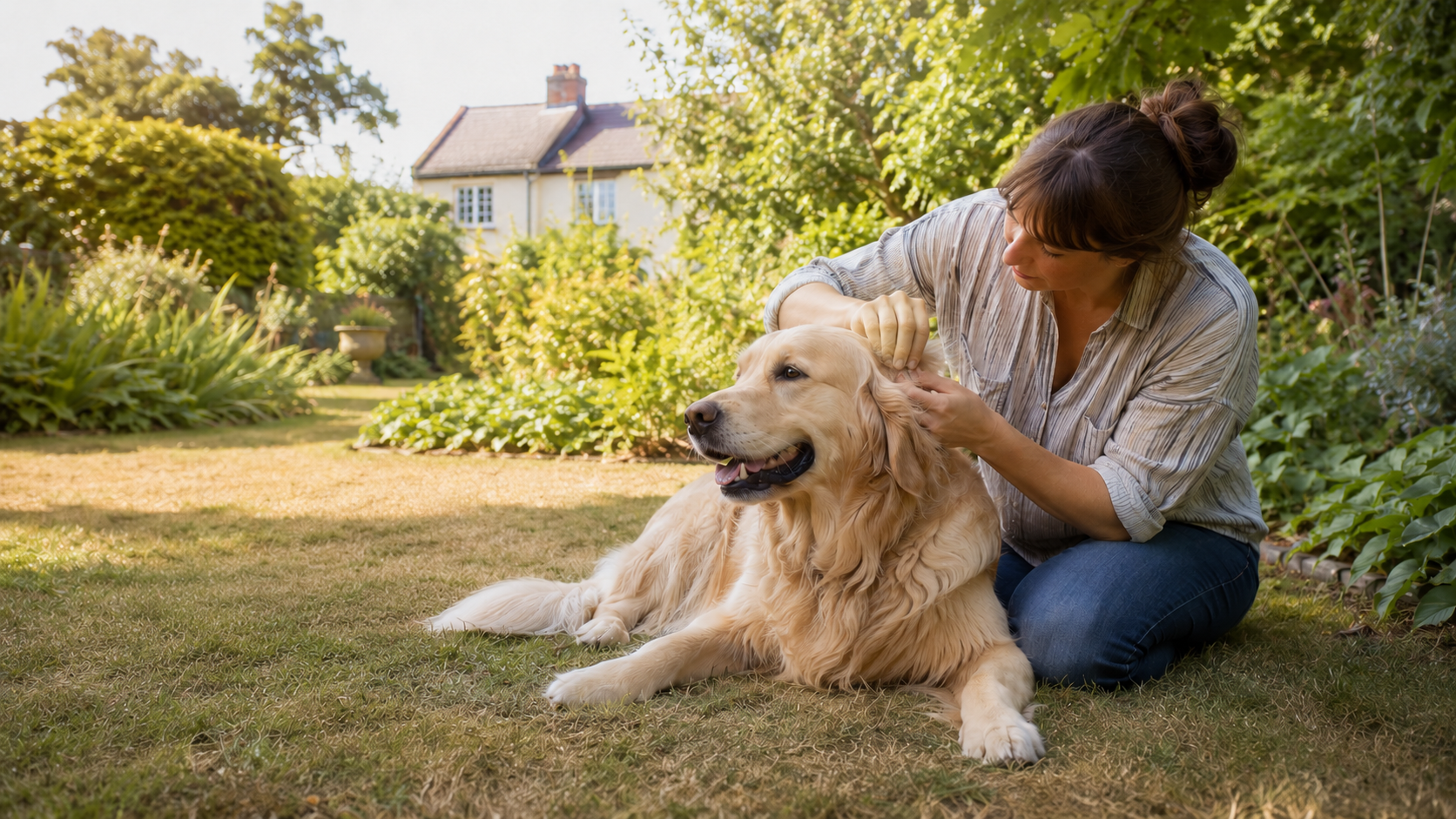 Woman checking a golden retriever for fleas and ticks in a dry late-summer Irish garden.